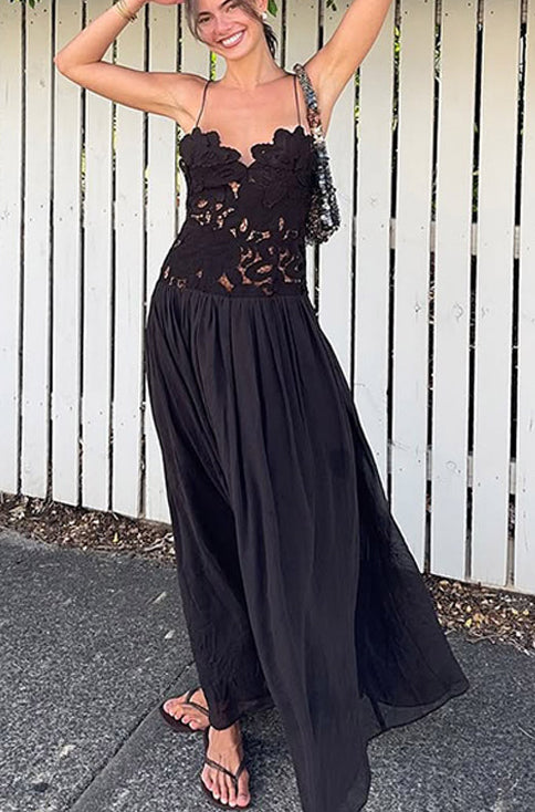 Stephanie Flower Crochet Lace Bust Chiffon Fluffy Hem Maxi Dress