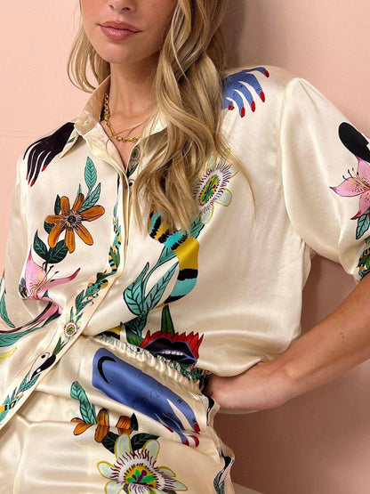 Graffiti Print Satin Short Sleeve Shirt & Pant Coord Set