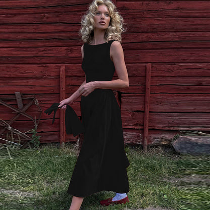 Boat Neck Sleeveless Fitted Waist Flared Gathered Midi Dress