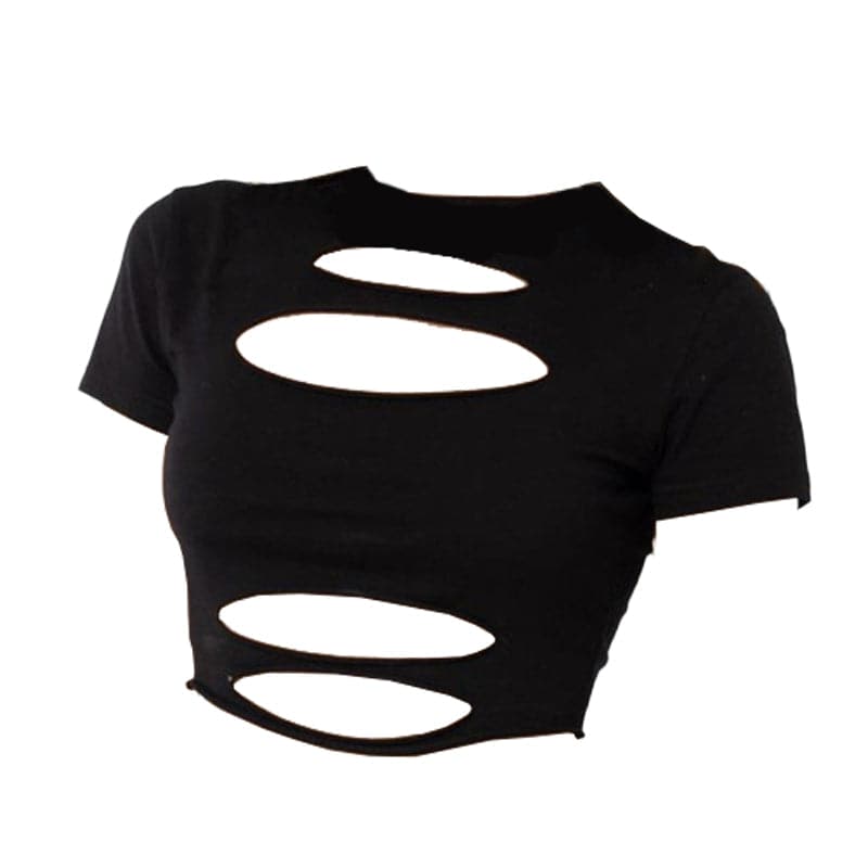 Short sleeve crewneck hollow out solid crop cut out top