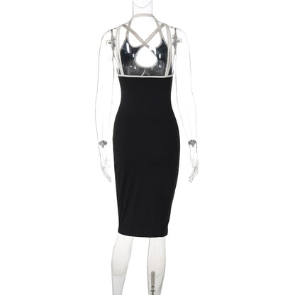 Cross front halter hollow out backless cut out midi dress