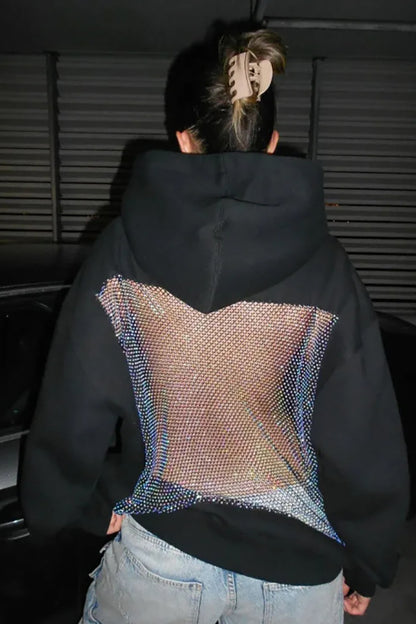 Fashionable Shiny Mesh Hollow Back Loose Long-sleeved Hooded Sweatshirt