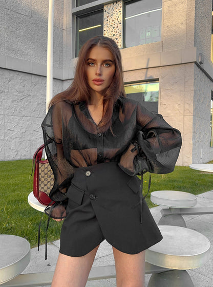 Lapel Puff Sleeve Commuter Shirt