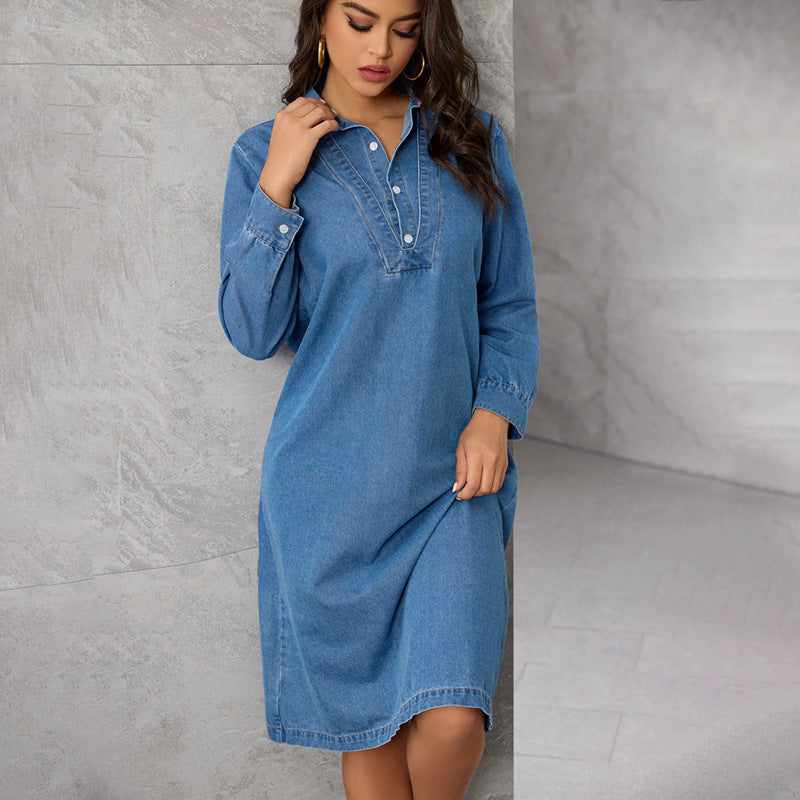 Pointed Collar Button Placket V-Yoke Long Sleeve Denim Midi Dress