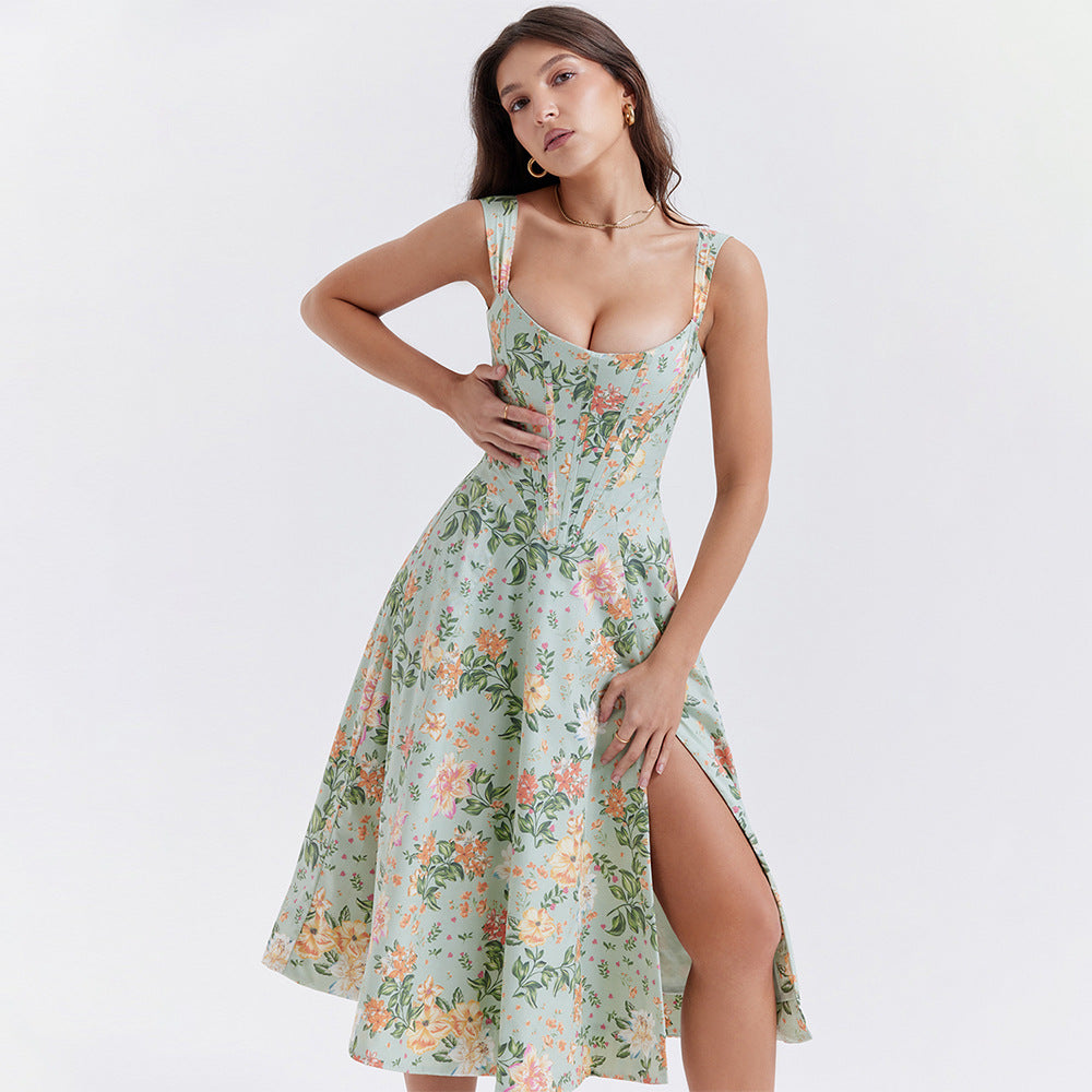 Floral Print Corset Boning Scoop Neck Tank Strap Side Slit A-Line Midi Dress