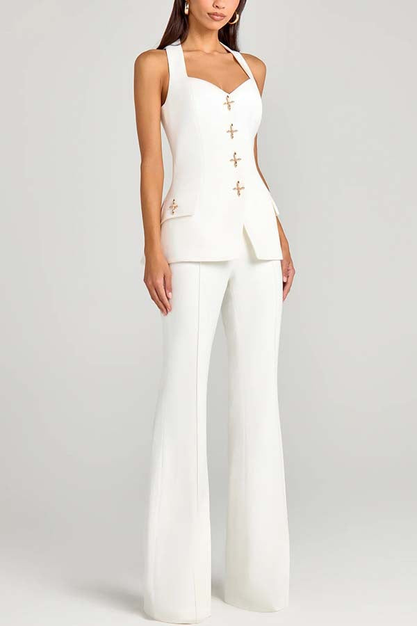 Women Power Metal Cross Snap Button Sweetheart Neck Wide Strap Vest