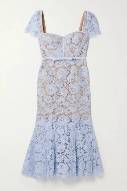 Xanea Square Neck Blue Lace Midi Dress