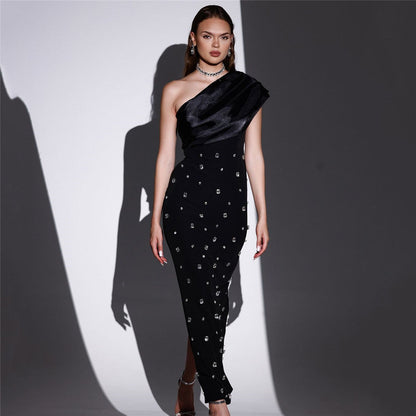 One Shoulder Ruffle Detail Rhinestone Embellished Bodycon Floor-Length Gown