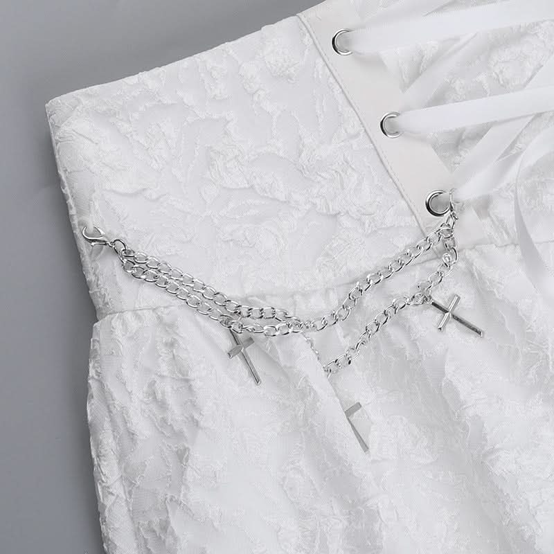 Lace up metal chain lace hem mini skirt