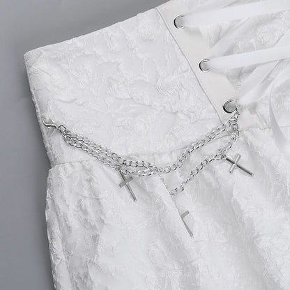 Lace up metal chain lace hem mini skirt