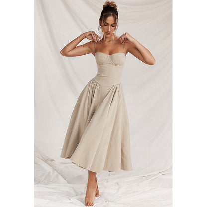 Spaghetti Strap Bustier Basque Waist Pleated Pocket Midi Dress