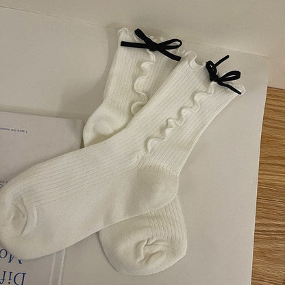 Ruffle ribbed bowknot contrast socks