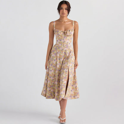 Floral Print Sweetheart Neck Tie Front Corset Bodice Fit And Flare Midi Dress