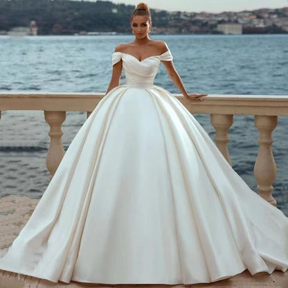 Off-Shoulder Satin Long Train Wedding Dress