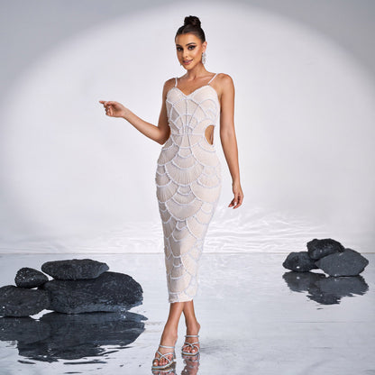 V-Neck Cutout Sequin Beaded Gown Glamorous Evening Dress