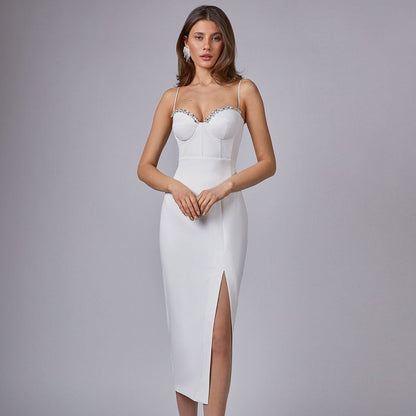 Rhinestone Trim Sweetheart Spaghetti Strap Corset High Slit Midi Dress