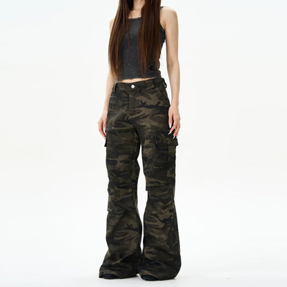 Camo Print Wide-Leg Multi-Pocket Cargo Pants