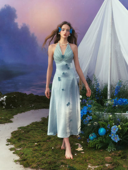 Floral Halter Satin Gown French-Inspired Blue Vacation Fairy Dress
