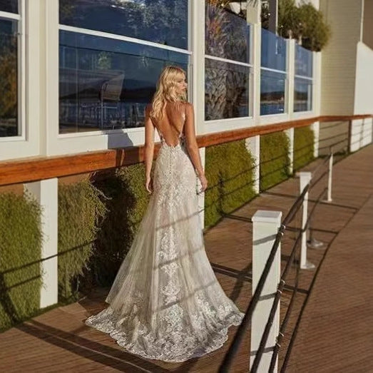 French Lace Long Train Bridal Wedding Dress