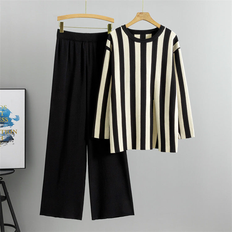 Black - Fashion Striped Split Hem Two Piece Set