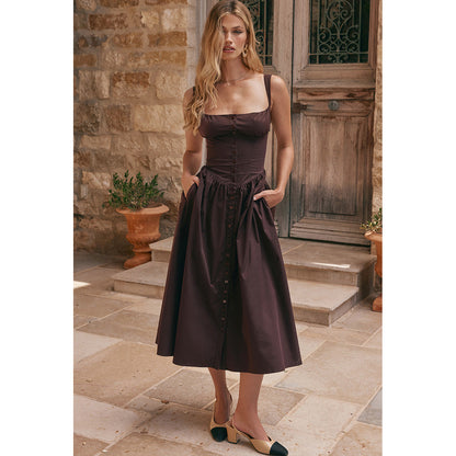 Square Neck Corset Bodice Button Front Pocket Midi Dress