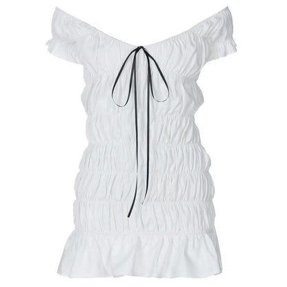 Ruched ribbon off shoulder v neck mini dress