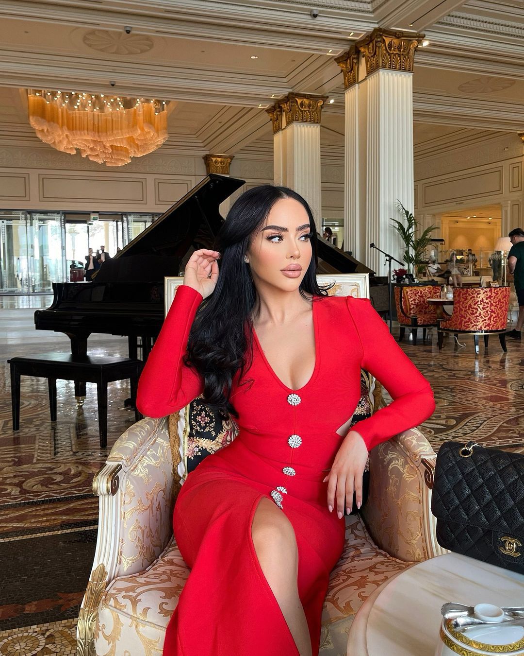 Rhinestone Button Deep V Waist Cutout Long Sleeve Front Slit Midi Dress