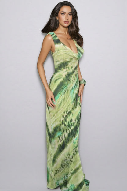 Erika Green Print Deep V Backless Maxi Dress