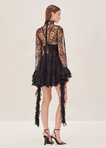 Sheer Lace Ruffle Mini Dress