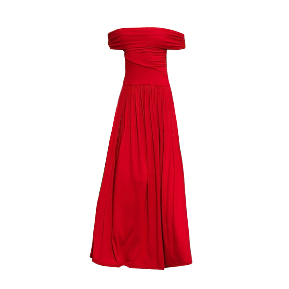 Off-Shoulder Draped Wrap Ruched Waist Pleated Maxi Dress