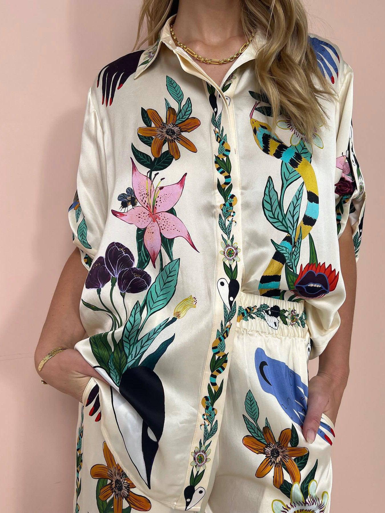 Graffiti Print Satin Short Sleeve Shirt & Pant Coord Set