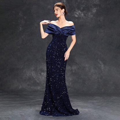 Off-Shoulder Satin Wrap Sequin Embellished Mermaid Maxi Gown