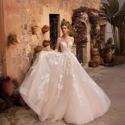 Long Sleeve Lace Applique Wedding Dress