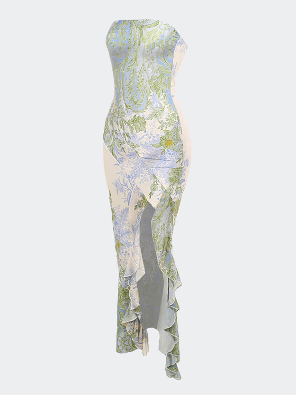 Botanical Floral Strapless Ruffle Slit Column Maxi Dress