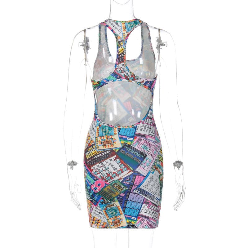 Lottery Ticket Print Scoop Neck Sleeveless Bodycon Mini Dress