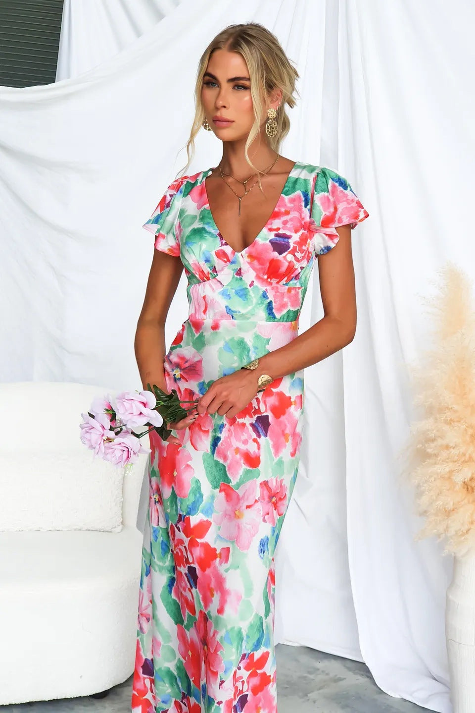 Teresa Floral Printed V-neck Maxi Dress
