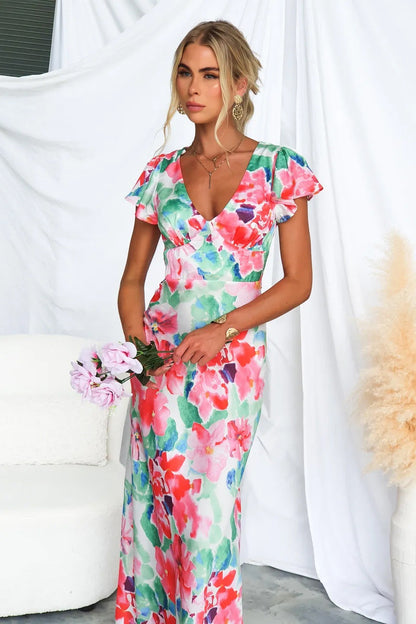 Teresa Floral Printed V-neck Maxi Dress