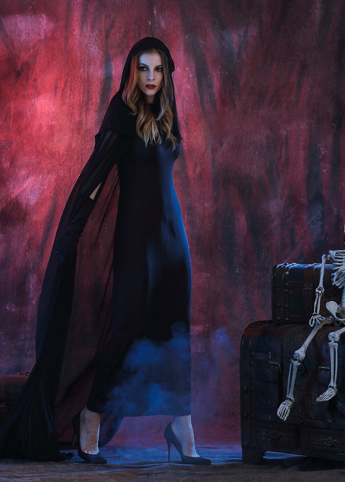 Gothic Witch Costume - Long Black Hooded Dress with Sheer Cape