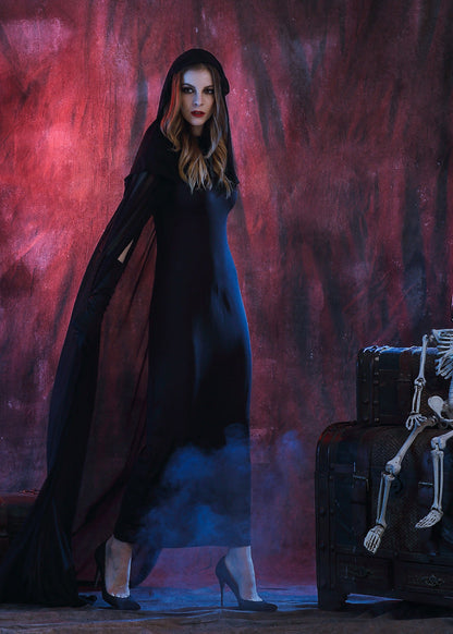 Gothic Witch Costume - Long Black Hooded Dress with Sheer Cape