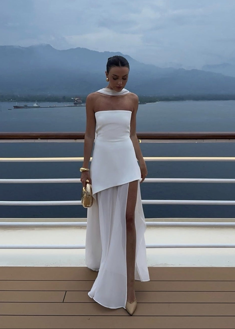 Seraphina – Strapless Chiffon Panel Gown with Asymmetrical Drape