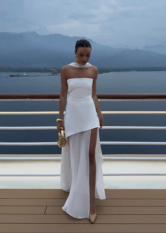 Seraphina – Strapless Chiffon Panel Gown with Asymmetrical Drape