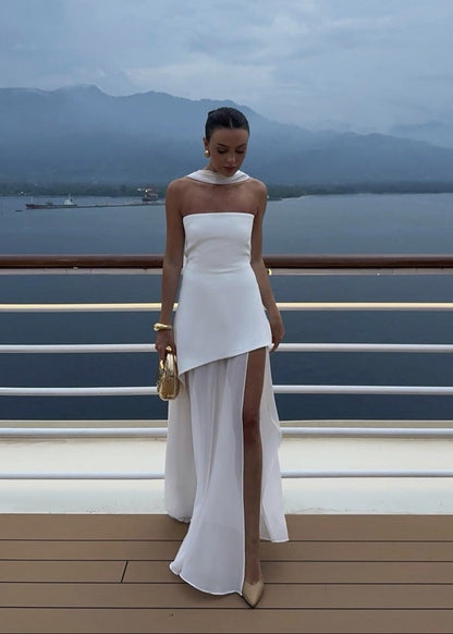 Seraphina – Strapless Chiffon Panel Gown with Asymmetrical Drape