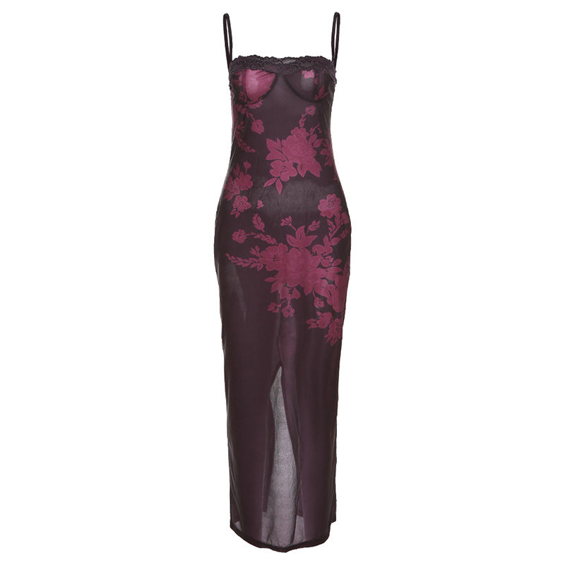 Print Lace Trim Sweetheart Spaghetti Strap Mesh Overlay Bodycon Maxi Dress