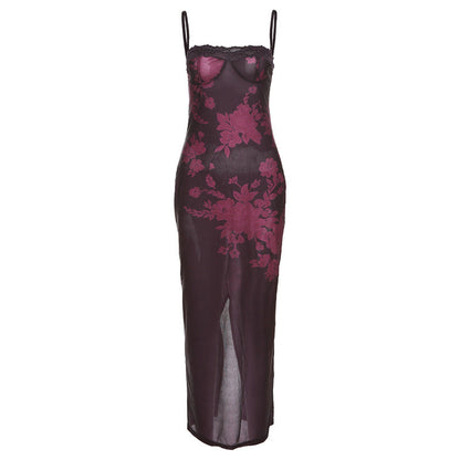 Print Lace Trim Sweetheart Spaghetti Strap Mesh Overlay Bodycon Maxi Dress