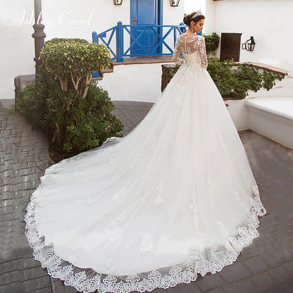 Round Neck Long Sleeve Lace Wedding Dress
