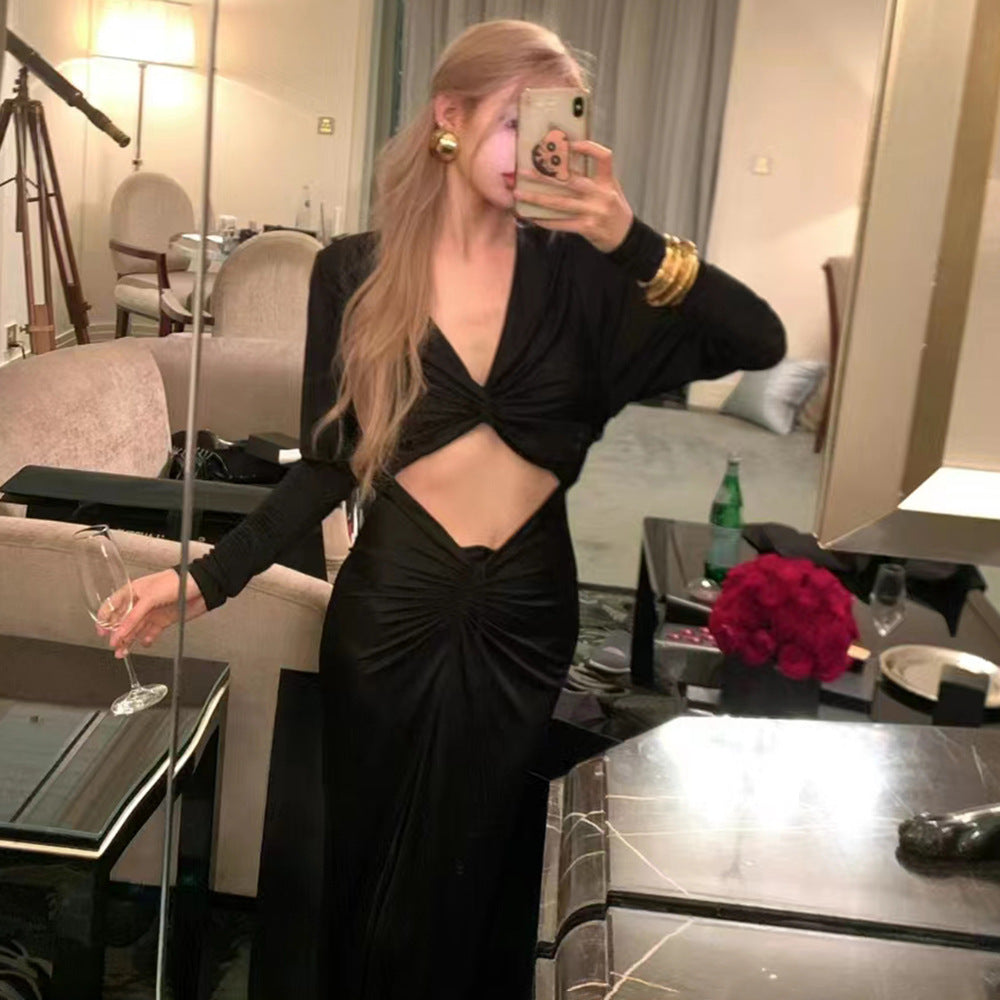 Diamond Cutout Twist Front Knotted Waist Draped Sleeve Maxi Dress