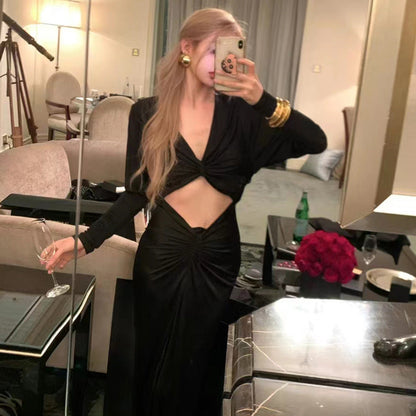 Diamond Cutout Twist Front Knotted Waist Draped Sleeve Maxi Dress