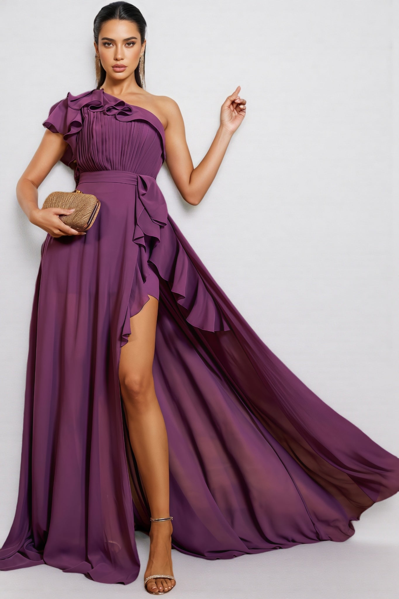 Autuk Chiffon Lace Split Maxi Dress