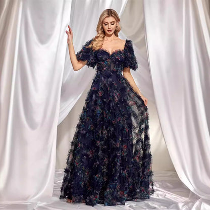 Sweetheart Puff Sleeve Tiered Ruffle Floral Print Maxi Gown