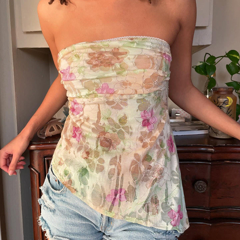 Irina Mesh Flroal Strapless Top
